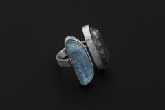 Morella Smoky Quartz Aquamarine Ring 925 Sterling Silver Adjustable Organic Textured Band Root Throat Chakra Gift