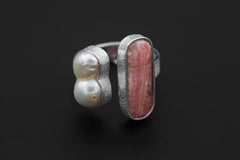 Baroque Pearl Rhodochrosite Ring 925 Silver Adjustable Open Ring Organic Texture Statement Jewelry