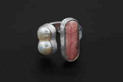 Baroque Pearl Rhodochrosite Ring 925 Sterling Silver Adjustable Heart Crown Chakra Handmade Jewelry Gift
