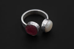 Ruby South Sea Pearl Ring 925 Sterling Silver Adjustable Hammered Band Heart Root Chakra July Birthstone Gift