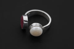 Ruby South Sea Pearl Ring 925 Silver Adjustable Open Dual Stone Statement Jewelry