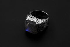 Square Labradorite Silver Ring 925 Oxidized Armadillo Scale Band Blue Flash Protection Jewelry Size 9 US