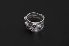 Red Garnet Silver Ring 925 Five Round Cabochon Stones High Shine Band Root Chakra Talisman Jewelry Gift Size 6 US