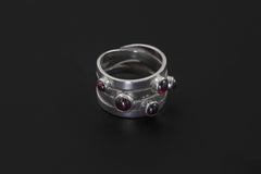 Red Garnet Silver Ring 925 Five Round Cabochon Stones High Shine Band Root Chakra Talisman Jewelry Gift Size 6 US