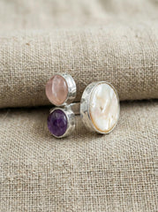 Hammered Sterling Silver Multi Stone Ring: Pearl, Amethyst, Rose Quartz Calm Clarity Jewelry