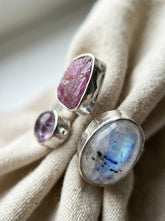 Blue Moonstone Ruby Amethyst Multi Stone Ring 925 Sterling Silver Adjustable Open Band Jewelry