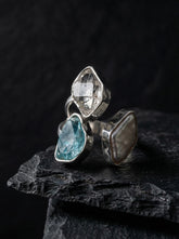 Herkimer Diamond Pearl Blue Apatite adjustable ring in high-shine 925 sterling silver shown on a dark stone background.