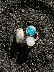 Pearl Larimar Blue Moonstone Multi Stone Ring 925 Sterling Silver Adjustable Open Band Jewelry