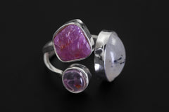 Blue Moonstone Ruby Amethyst Ring 925 Sterling Silver Adjustable Band Heart Third Eye Crown Chakra Gift