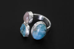 Larimar Apatite Moonstone Ring, 925 Silver Adjustable Triple Stone