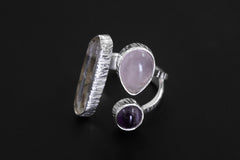 Himalayan Quartz Amethyst Rose Quartz Ring 925 Sterling Silver Adjustable Third Eye Heart Crown Chakra Gift