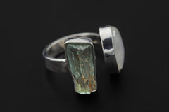 Raw Aquamarine Moonstone Ring, Hammered Sterling Silver Statement Jewelry