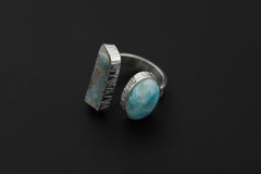 Aquamarine Larimar Ring 925 Sterling Silver Adjustable Band Raw Crystal Throat Heart Chakra Ocean Gift