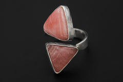 Triangle Rhodochrosite Ring 925 Silver Adjustable Open Ring Hammered Texture Pink Stone Statement Jewelry