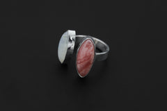 Rhodochrosite Moonstone Ring 925 Silver Adjustable Open Ring Hammered Texture Pink Blue Statement Jewelry