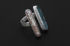 Pearl Aqua Aura Quartz Ring 925 Silver Adjustable Open Ring Organic Texture Statement Jewelry