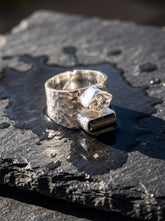 A Grade Basra Pearl Ring shown on white background with oxidized sterling silver texture and natural pearl centre.