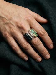 Turquoise Black Tourmaline Ring Sterling Silver Open Band Grounding Communication Crystal Jewelry Gift