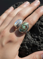 Blue Moonstone Turquoise Ring 925 Sterling Silver Adjustable Hammered Band Third Eye Throat Chakra Gift