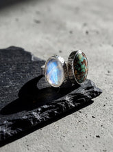Sterling Silver Moonstone Turquoise Ring, Hammered Band, Adjustable Size