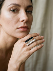 Pearl Black Tourmaline 925 Silver Ring, Adjustable Open Band