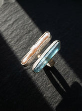 Pearl Aqua Aura Quartz Ring 925 Silver Adjustable Open Ring Organic Texture Statement Jewelry
