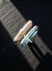 Pearl Aqua Aura Quartz Ring 925 Silver Adjustable Open Ring Organic Texture Statement Jewelry