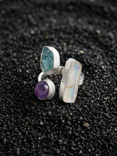 Sterling Silver Multi Stone Ring: Angel Aura, Blue Apatite, Amethyst – Adjustable Band