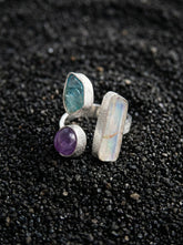 Angel Aura Quartz Apatite Amethyst Ring 925 Sterling Silver Adjustable Crown Throat Third Eye Chakra Gift