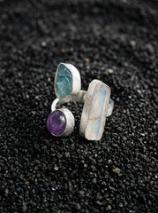 Angel Aura Quartz Apatite Amethyst Ring 925 Sterling Silver Adjustable Crown Throat Third Eye Chakra Gift