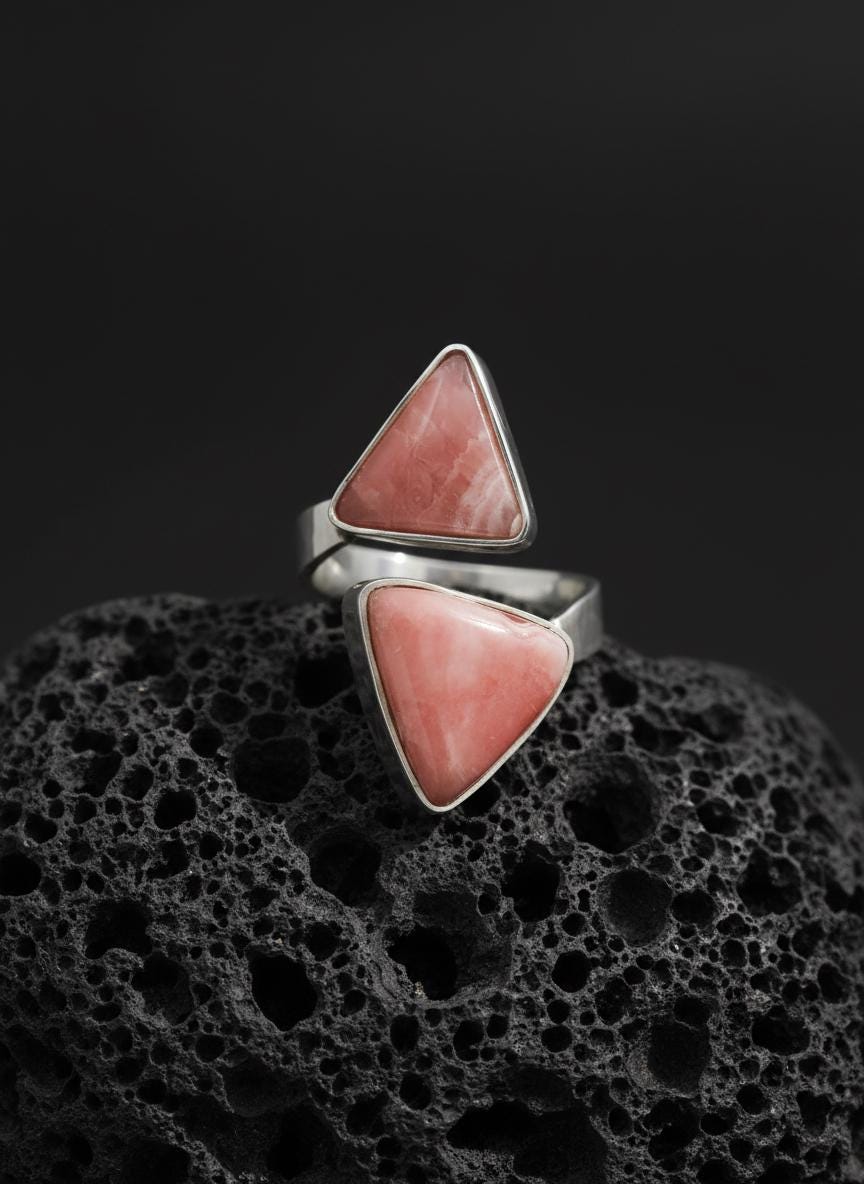 Triangle Rhodochrosite Ring 925 Silver Adjustable Open Ring Hammered Texture Pink Stone Statement Jewelry