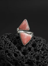 Triangle Rhodochrosite Ring 925 Silver Adjustable Open Ring Hammered Texture Pink Stone Statement Jewelry
