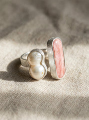 Baroque Pearl Rhodochrosite Ring 925 Silver Adjustable Open Ring Organic Texture Statement Jewelry