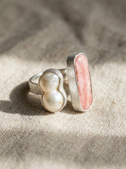 Baroque Pearl Rhodochrosite Ring 925 Sterling Silver Adjustable Heart Crown Chakra Handmade Jewelry Gift