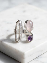 Himalayan Quartz Amethyst Rose Quartz Ring 925 Sterling Silver Adjustable Third Eye Heart Crown Chakra Gift