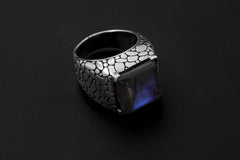 Square Labradorite Silver Ring 925 Oxidized Armadillo Scale Band Blue Flash Protection Jewelry Size 9 US