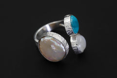Pearl Larimar Blue Moonstone Multi Stone Ring 925 Sterling Silver Adjustable Open Band Jewelry
