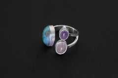 Larimar Amethyst Rose Quartz Ring 925 Sterling Silver Adjustable Ocean Heart Chakra Throat Crown Crystal Gift