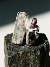 Raw Aquamarine Ruby Brown Tourmaline Ring Sterling Silver Open Band Grounding Vitality Crystal Jewelry Gift