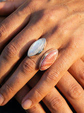 Rhodochrosite Moonstone Ring 925 Silver Adjustable Open Ring Hammered Texture Pink Blue Statement Jewelry