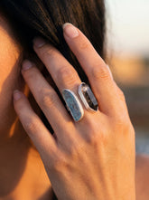 Aquamarine Black Tourmaline Ring 925 Silver Adjustable Open Ring Scratch Texture Statement Jewelry