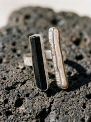 Pearl Black Tourmaline 925 Silver Ring, Adjustable Open Band