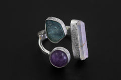 Angel Aura Quartz Apatite Amethyst Ring 925 Sterling Silver Adjustable Crown Throat Third Eye Chakra Gift