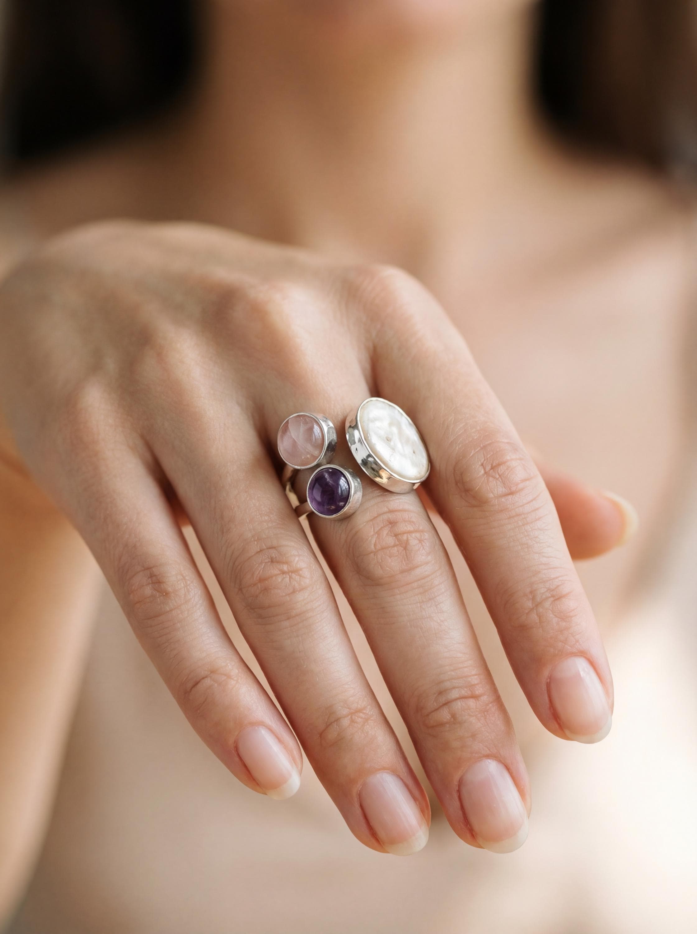 Hammered Sterling Silver Multi Stone Ring: Pearl, Amethyst, Rose Quartz Calm Clarity Jewelry