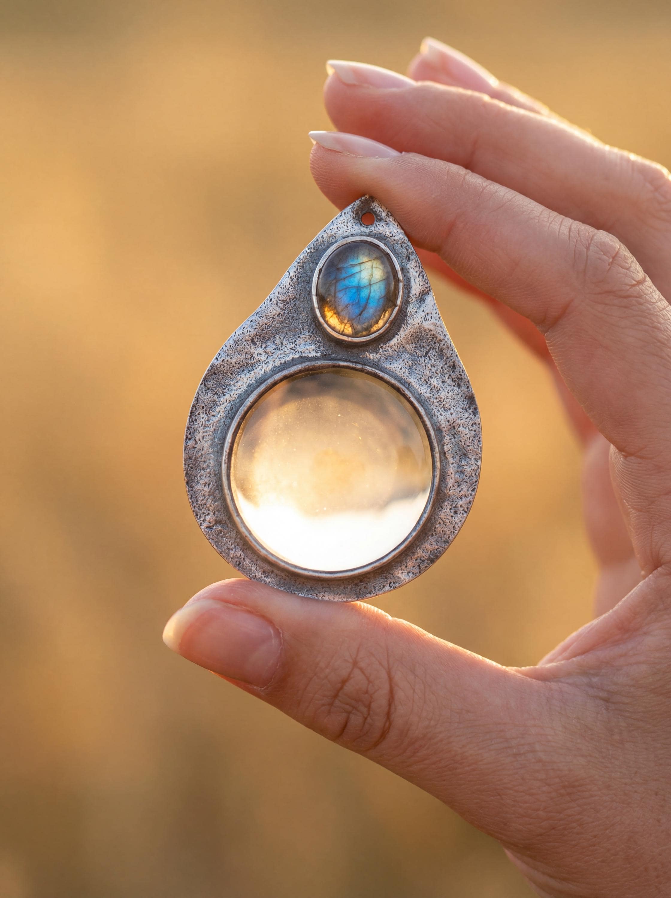 Labradorite Magnifying Glass Pendant, 925 Silver Fire Starter, Artisan Jewelry