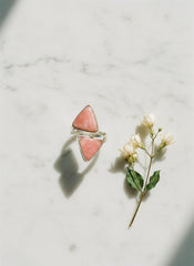Triangle Rhodochrosite Ring 925 Silver Adjustable Open Ring Hammered Texture Pink Stone Statement Jewelry