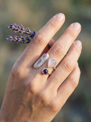Himalayan Quartz Amethyst Rose Quartz Ring 925 Sterling Silver Adjustable Third Eye Heart Crown Chakra Gift