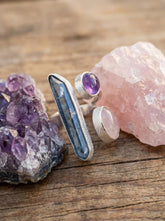 Aqua Aura Quartz Sterling Silver Ring: Amethyst & Rose Quartz