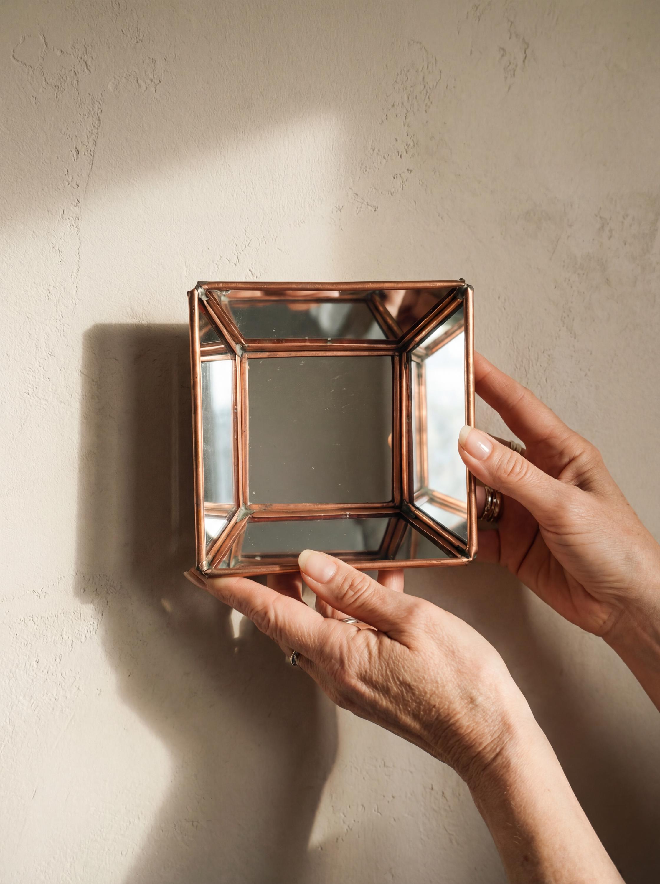 Handmade square copper mirror held in hand, showing angled geometric mirror panels and warm copper frame.
