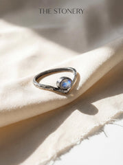 Blue Moonstone Ring: Hammered Sterling Silver Boho Stack Ring